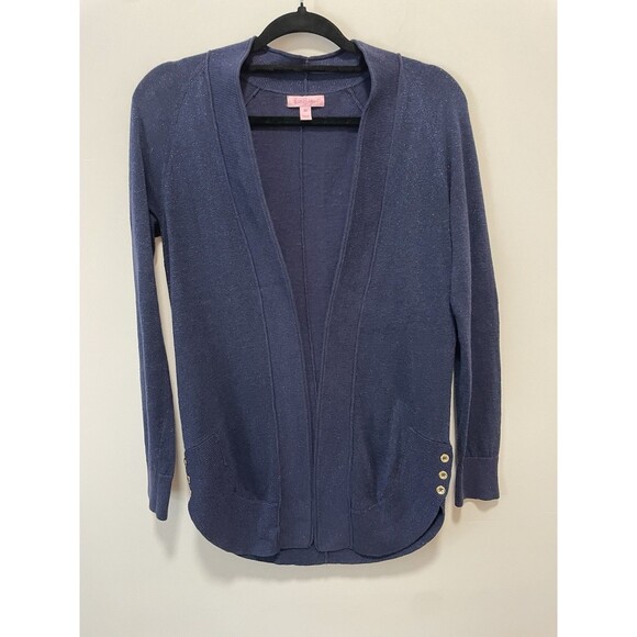 Lilly Pulitzer Sweaters - Lilly Pulitzer Micaila Cardigan Sweater Navy Metallic Open Longline Tulip Hem XS